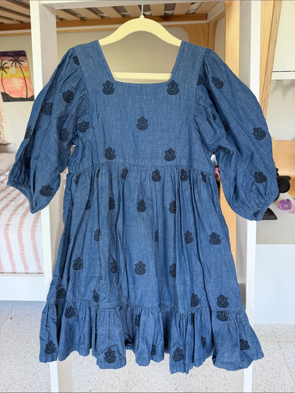 Pink Chicken Indigo Embroidered Puff-Sleeve Dress